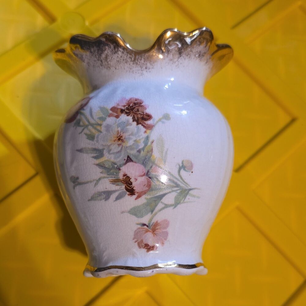 Antique 1890s Harker Pottery Semi Porcelain Floral Vase with Ruffled Gold Rim